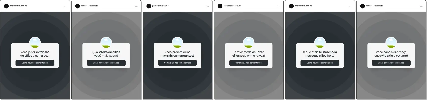 Pack de posts editáveis no Canva para lash designers no formato caixinha de perguntas, ideal para responder dúvidas sobre extensão de cílios, tipos de alongamento, cuidados pós-aplicação, técnicas de volume e manutenção, aumentando interação e engajamento.