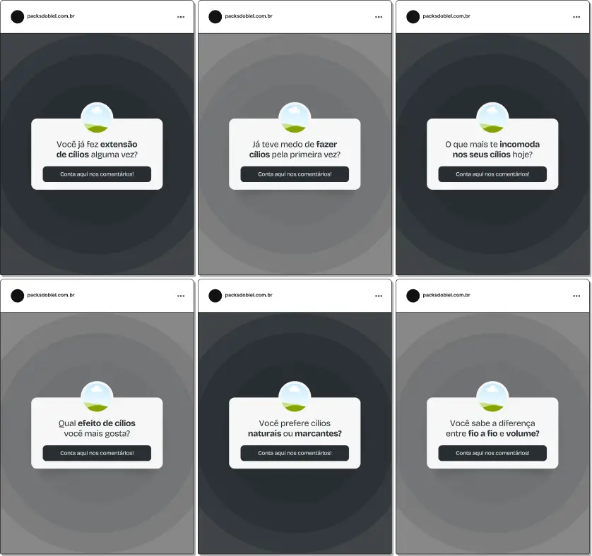 Pack de templates editáveis no Canva para profissionais de extensão de cílios que utilizam caixinha de perguntas no Instagram, perfeito para criar conteúdo interativo sobre design de cílios, tendências, segurança na aplicação, higiene e orientação aos clientes, mantendo um feed organizado e educativo.