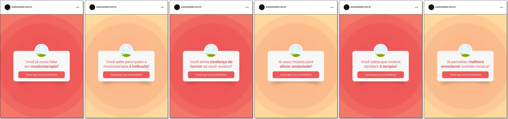 Pack de posts editáveis no Canva para musicoterapeutas no formato caixinha de perguntas, ideal para responder dúvidas sobre terapias com música, desenvolvimento emocional, estímulo cognitivo e bem-estar, aumentando interação e engajamento.