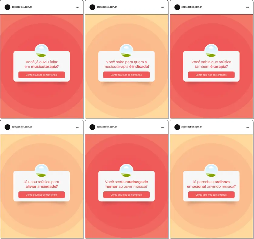 Pack de templates editáveis no Canva para profissionais de musicoterapia que utilizam caixinha de perguntas no Instagram, perfeito para criar conteúdo interativo sobre técnicas musicais, benefícios terapêuticos, criatividade, atenção e orientação a pacientes, mantendo um feed organizado e educativo.