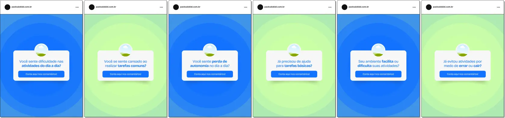 Pack de posts editáveis no Canva para terapeutas ocupacionais no formato caixinha de perguntas, ideal para responder dúvidas sobre reabilitação, habilidades motoras, desenvolvimento funcional, atividades de vida diária e autonomia do paciente, aumentando interação e engajamento.
