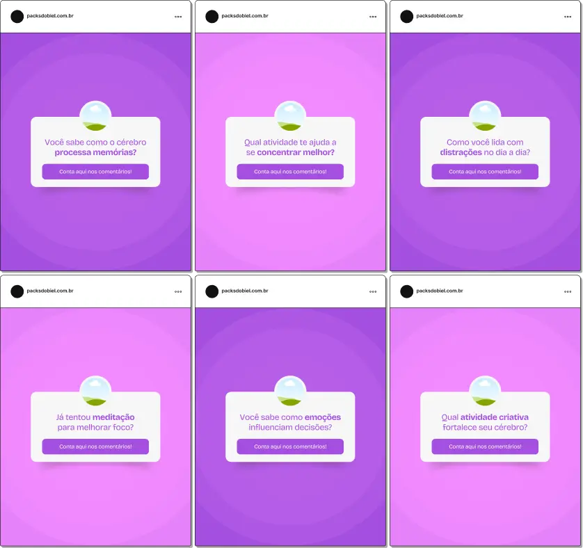Pack de posts editáveis no Canva para neuropsicólogos no formato caixinha de perguntas, ideal para responder dúvidas sobre funções cognitivas, memória, atenção, desenvolvimento cerebral, reabilitação cognitiva e orientação a pacientes e familiares, aumentando engajamento e interação.