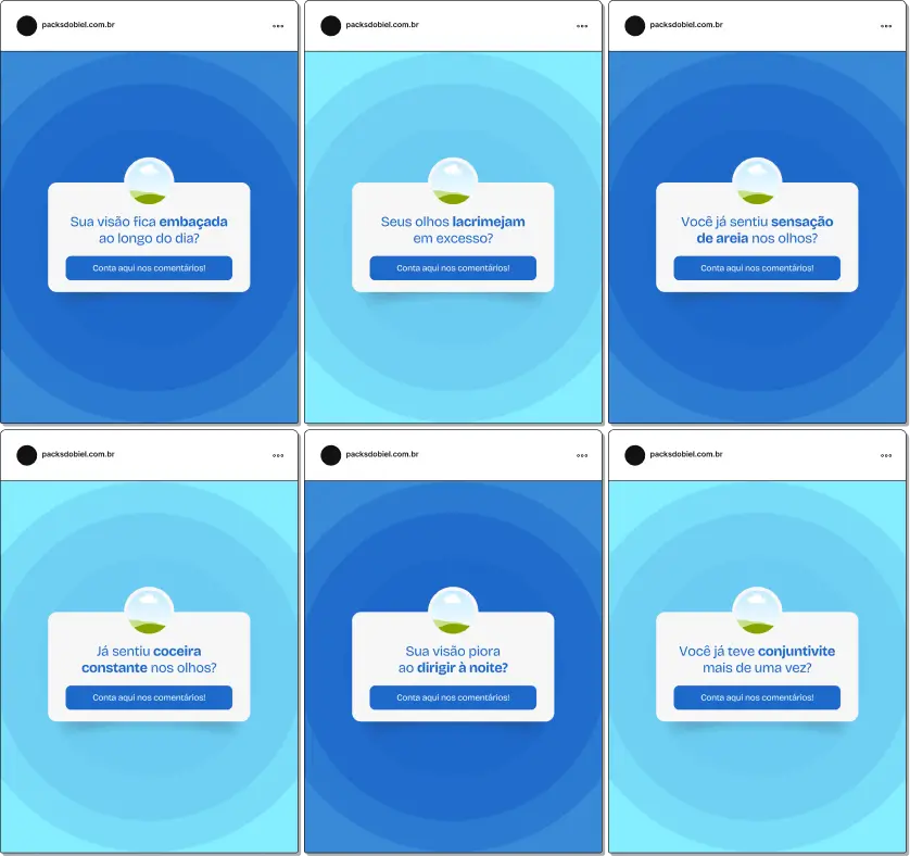 Pack de posts editáveis no Canva para oftalmologistas no formato caixinha de perguntas, ideal para responder dúvidas sobre exames de visão, miopia, astigmatismo, catarata, cuidados com os olhos e prevenção de doenças oculares, aumentando engajamento e interação.