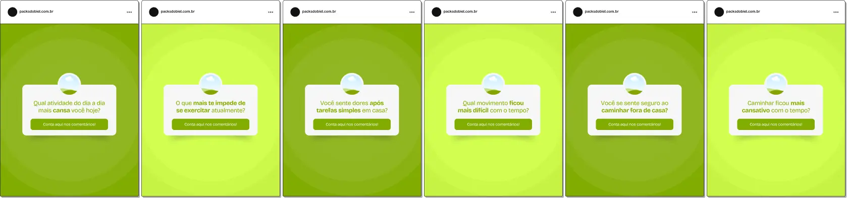 Pack de posts editáveis no Canva para personal trainers no formato caixinha de perguntas, ideal para responder dúvidas sobre exercícios para idosos, fortalecimento muscular, equilíbrio, mobilidade, prevenção de quedas e atividade física segura, aumentando interação e engajamento.