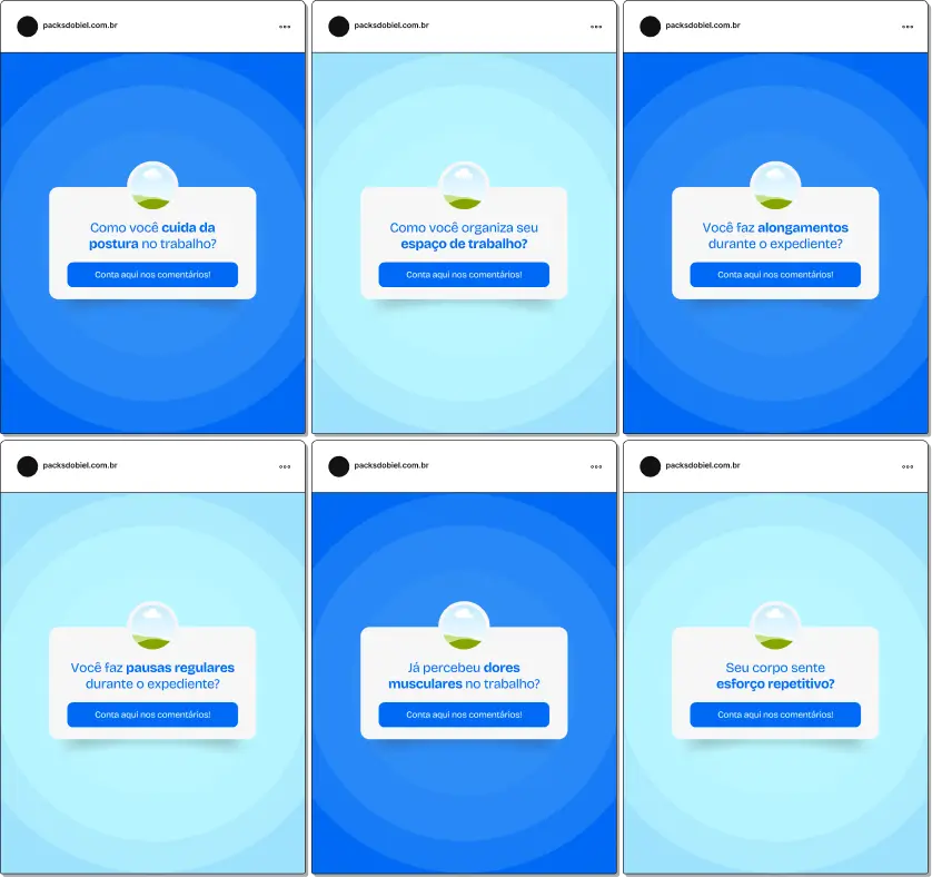Pack de posts editáveis no Canva para profissionais de saúde ocupacional no formato caixinha de perguntas, ideal para responder dúvidas sobre ergonomia, prevenção de acidentes, segurança do trabalho, qualidade de vida no ambiente corporativo e programas de saúde, aumentando interação e engajamento.