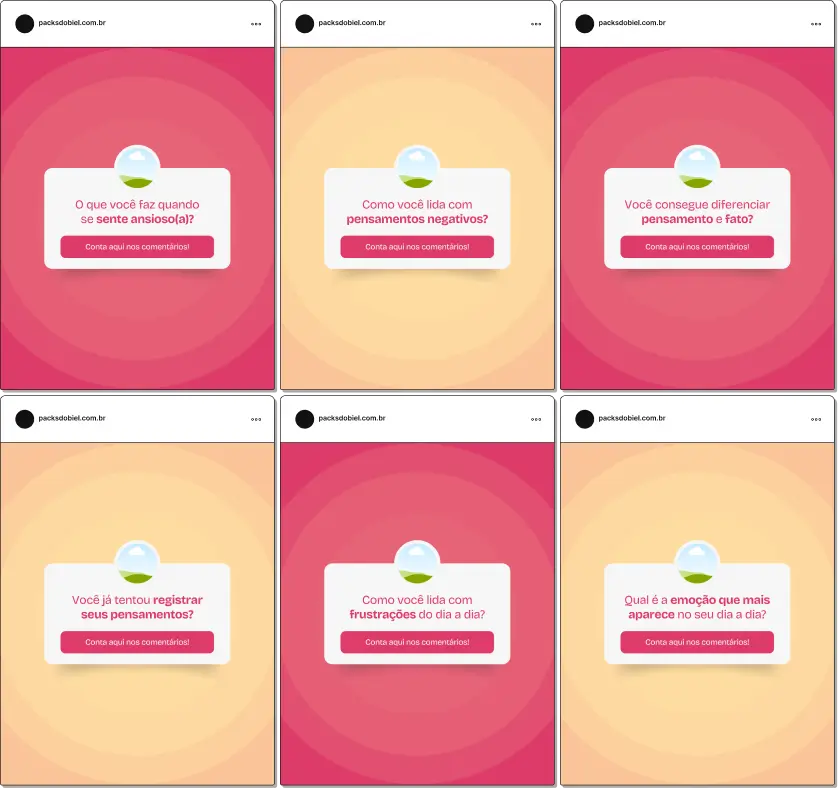 Pack de posts editáveis no Canva para psicólogos que atuam com Terapia Cognitivo-Comportamental no formato caixinha de perguntas, ideal para responder dúvidas sobre pensamentos, emoções, comportamentos, manejo da ansiedade, depressão, autoconhecimento e estratégias terapêuticas, aumentando engajamento e interação.