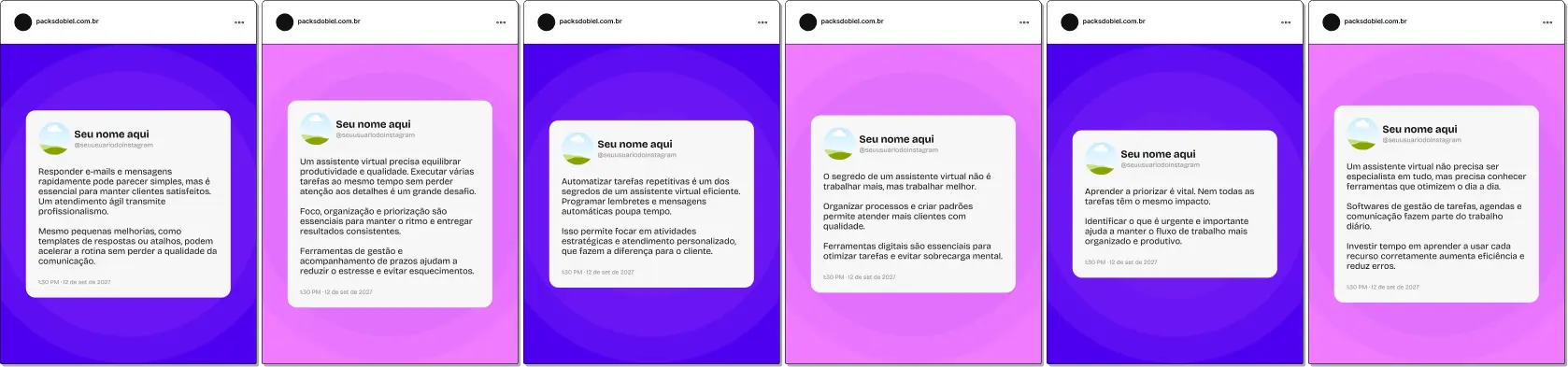 Pack de posts editáveis no Canva no estilo Twitter para assistentes virtuais, com frases curtas sobre produtividade, organização de tarefas, gestão de agenda, atendimento ao cliente, automação e estratégias de trabalho remoto, ideal para gerar autoridade e engajamento.