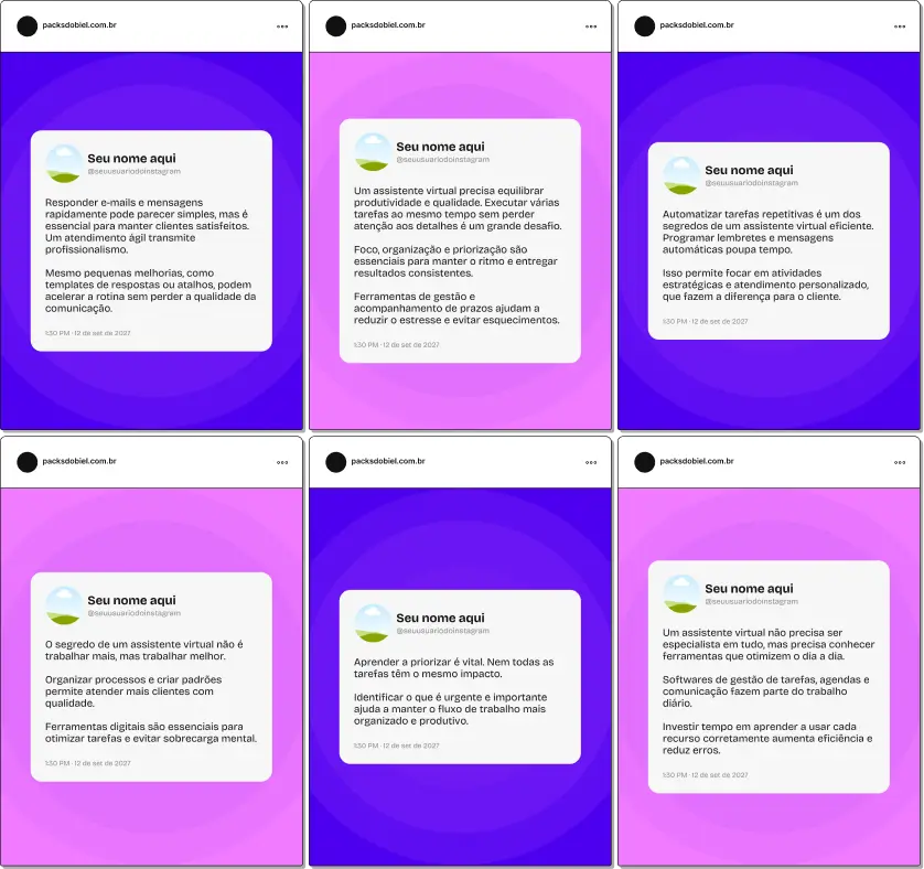 Pack de templates editáveis no Canva com frases no estilo Twitter para profissionais de assistência virtual, desenvolvido para compartilhar dicas sobre eficiência, comunicação online, ferramentas digitais, gestão de tempo e suporte administrativo, mantendo um feed moderno e profissional.