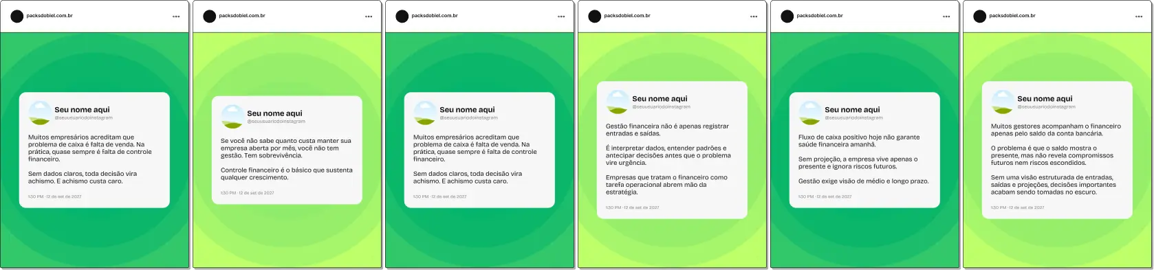 Pack de templates editáveis no Canva com frases no estilo Twitter para profissionais de BPO Financeiro, desenvolvido para compartilhar insights sobre finanças empresariais, planejamento financeiro, redução de custos e crescimento sustentável, mantendo um feed moderno e profissional.