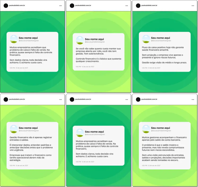 Pack de posts editáveis no Canva no estilo Twitter para BPO Financeiro, com frases curtas e estratégicas sobre gestão financeira, controle de fluxo de caixa, organização empresarial e tomada de decisão, ideal para gerar autoridade e engajamento.