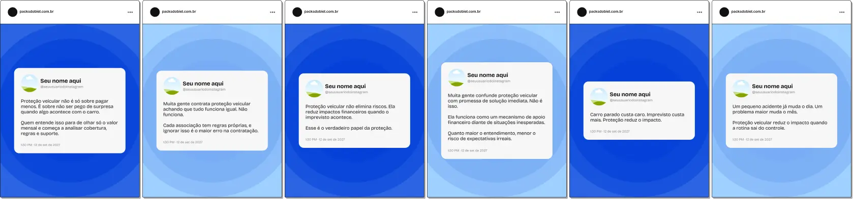 Pack de posts editáveis no Canva no estilo Twitter para proteção veicular, com frases curtas sobre segurança automotiva, assistência veicular, cobertura contra roubo e colisões, ideal para gerar engajamento e transmitir confiança aos associados.