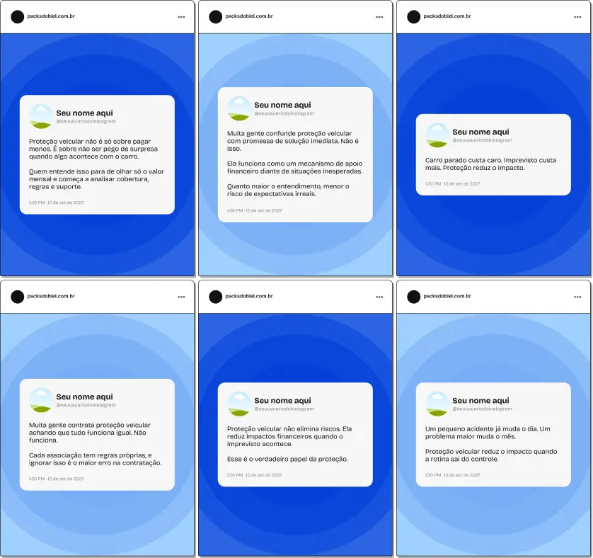 Pack de templates editáveis no Canva com frases no estilo Twitter para profissionais de proteção veicular, desenvolvido para compartilhar insights sobre benefícios, prevenção de riscos, tranquilidade no trânsito e cuidados com o veículo, mantendo um feed moderno e profissional.