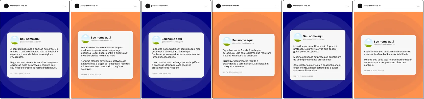 Pack de templates editáveis no Canva com frases no estilo Twitter para profissionais de contabilidade, desenvolvido para compartilhar insights sobre impostos, balanço patrimonial, planejamento contábil, redução de custos e boas práticas financeiras, mantendo um feed moderno e profissional.