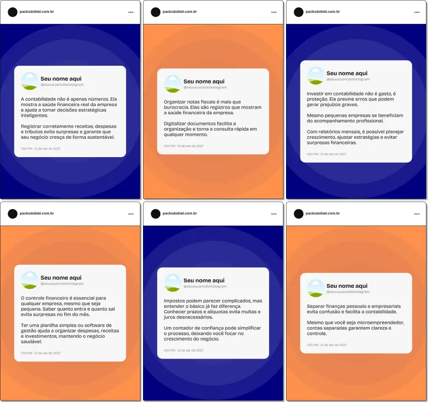 Pack de posts editáveis no Canva no estilo Twitter para contadores, com frases curtas sobre gestão financeira, obrigações fiscais, planejamento tributário, fluxo de caixa, contabilidade empresarial e dicas de organização, ideal para gerar autoridade e engajamento.