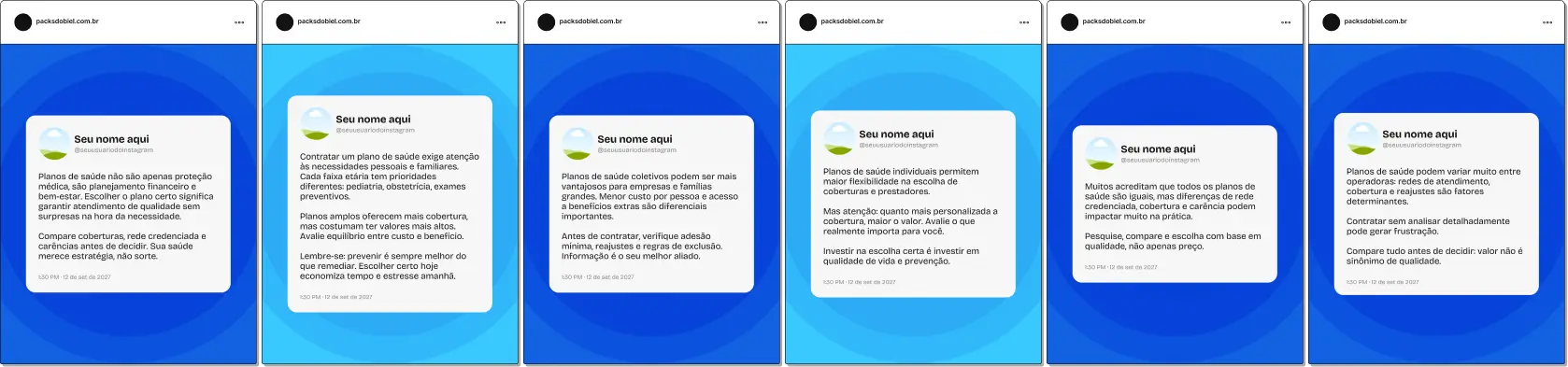 Pack de posts editáveis no Canva no estilo Twitter para corretor de planos de saúde, com frases curtas sobre convênios médicos, cobertura, carência, rede credenciada e escolha do plano ideal, ajudando a gerar autoridade e engajamento no Instagram.