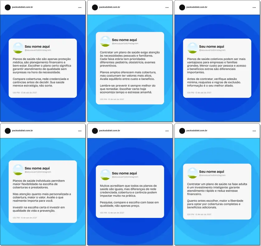 Pack de templates editáveis no Canva com frases no estilo Twitter para corretores de planos de saúde, ideal para criar conteúdo rápido sobre plano de saúde individual, familiar e empresarial, comparativos, benefícios e orientação ao cliente, mantendo um feed moderno e profissional.