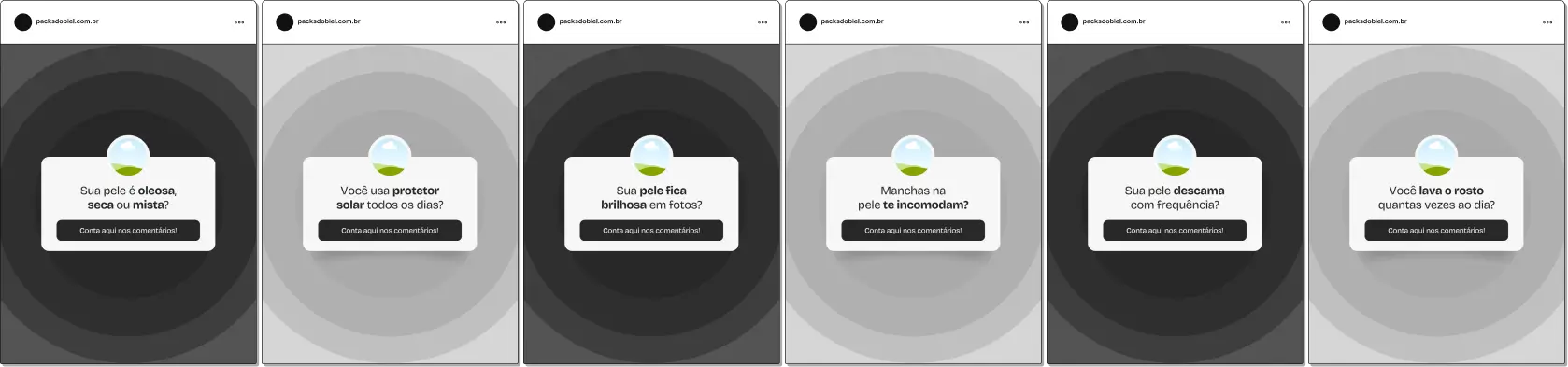 Pack de posts editáveis no Canva para dermatologistas no formato caixinha de perguntas, ideal para responder dúvidas sobre cuidados com a pele, acne, manchas, envelhecimento cutâneo, tratamentos dermatológicos e rotina de skincare, aumentando interação e engajamento.