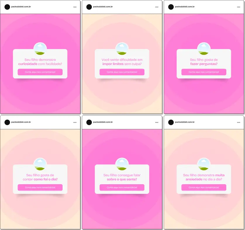 Pack de posts editáveis no Canva para psicólogos infantis no formato caixinha de perguntas, ideal para responder dúvidas sobre comportamento, emoções, limites, autoestima e rotina das crianças, aumentando interação e engajamento.