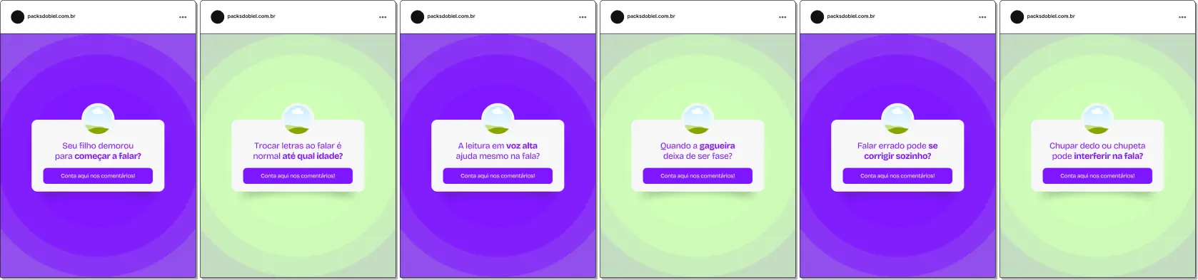 Pack de posts editáveis no Canva para fonoaudiólogos no formato caixinha de perguntas, ideal para responder dúvidas sobre atraso de fala, desenvolvimento da linguagem, articulação, audição, voz e orientação a pais e responsáveis, aumentando engajamento no Instagram.