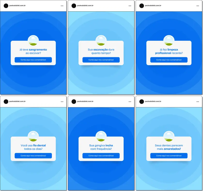Pack de posts editáveis no Canva para dentistas no formato caixinha de perguntas, ideal para responder dúvidas sobre higiene bucal, cáries, clareamento, aparelho ortodôntico, prevenção e saúde do sorriso, aumentando interação e engajamento.