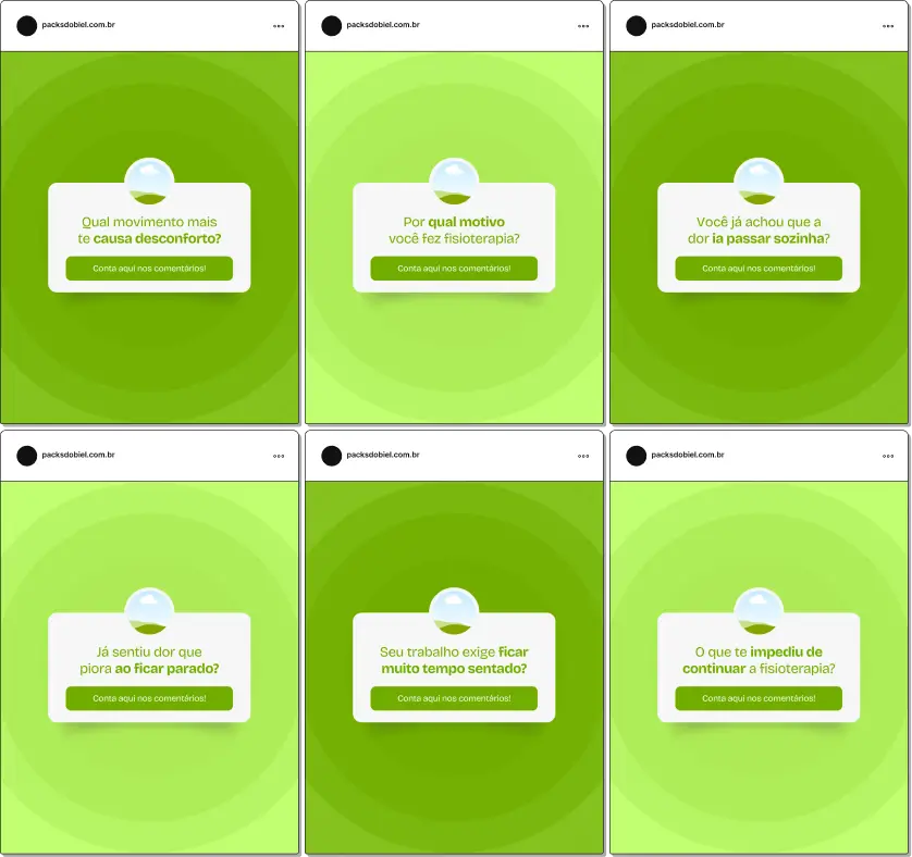 Pack de posts editáveis no Canva para fisioterapeutas no formato caixinha de perguntas, ideal para responder dúvidas sobre dor, postura, exercícios terapêuticos, lesões e reabilitação, aumentando a interação e organização do feed.