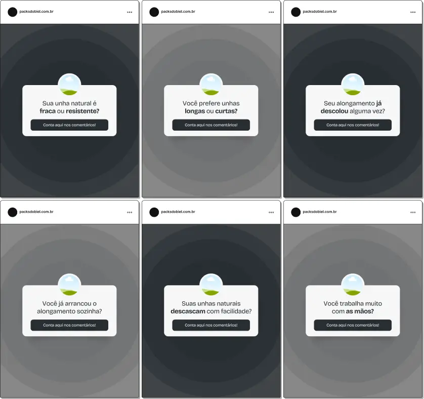 Pack de posts editáveis no Canva para nail designers no formato caixinha de perguntas, ideal para responder dúvidas sobre unhas decoradas, técnicas de esmaltação, nail art, alongamento e cuidados com as unhas, aumentando interação e engajamento.