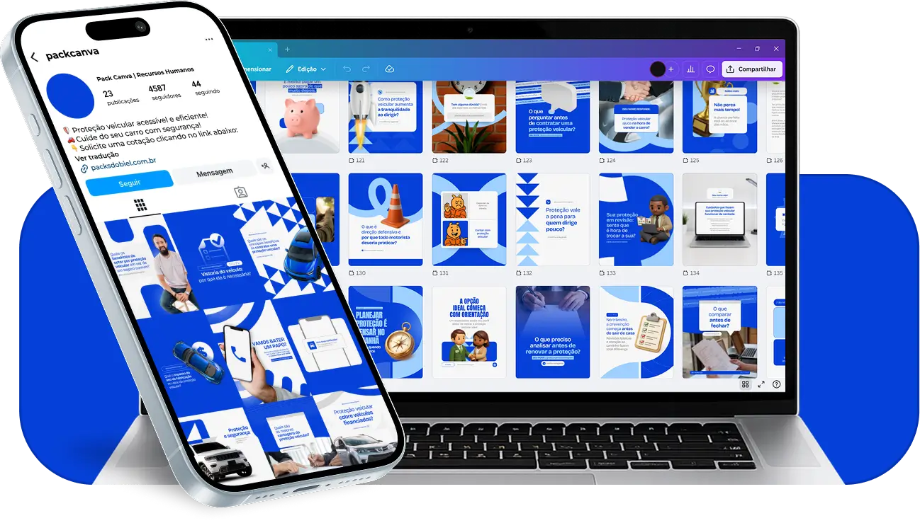 Pack de artes editáveis no Canva para proteção veicular, voltado para profissionais que explicam planos, mensalidade, adesão, indenização e funcionamento da proteção do veículo, com comunicação visual clara e confiável no Instagram.