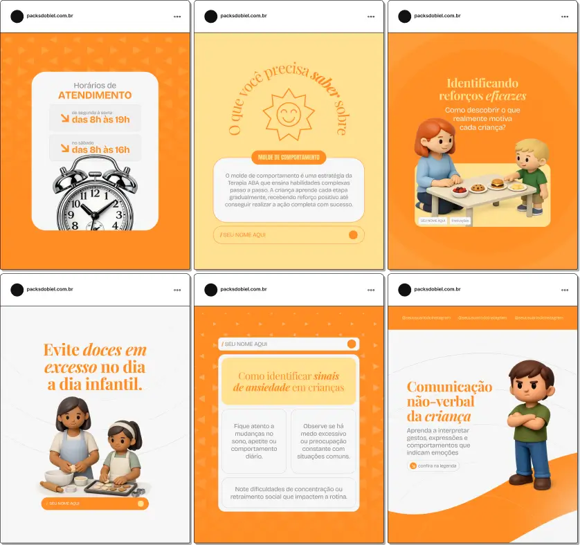 Pack de artes editáveis no Canva para profissionais de Terapia ABA, ideal para quem produz conteúdo sobre análise do comportamento aplicada, reforço positivo, manejo de comportamento, estratégias educativas e progressos de crianças, com comunicação clara e educativa.