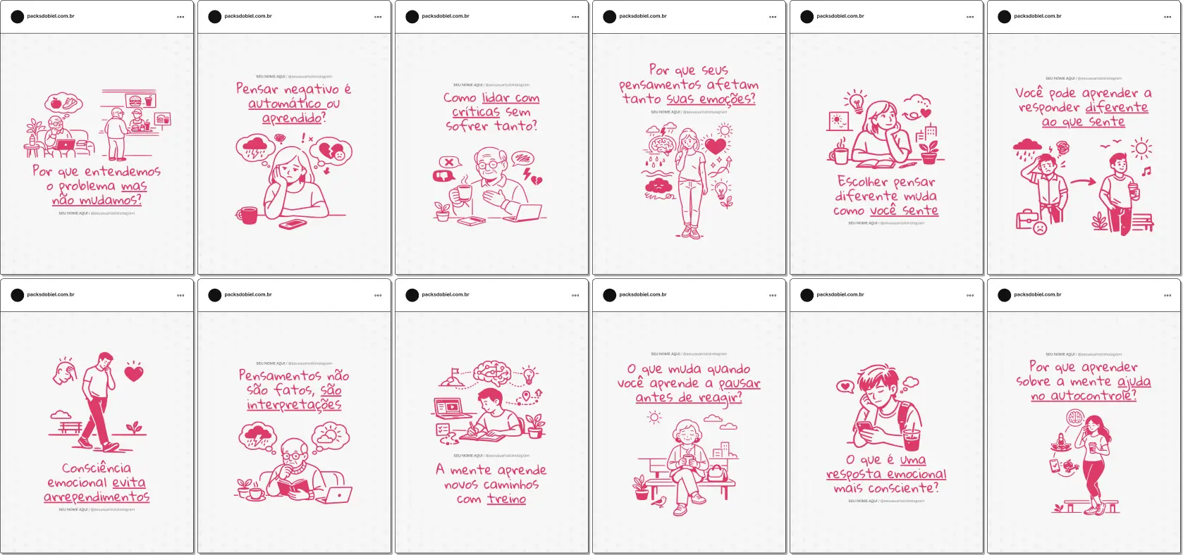 Pack de posts editáveis no Canva para psicólogos que atuam com Terapia Cognitivo Comportamental, ideal para criar conteúdos sobre pensamentos, emoções, comportamentos, ansiedade, depressão, autoconhecimento e saúde mental, com visual profissional e educativo no Instagram.