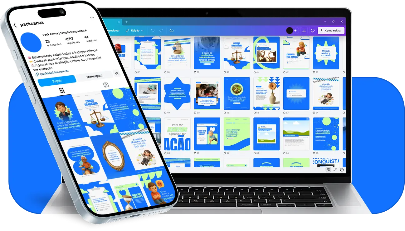 Pack de templates editáveis no Canva para profissionais de terapia ocupacional que desejam organizar o feed com conteúdos sobre reabilitação física e cognitiva, desenvolvimento infantil, envelhecimento saudável, estimulação funcional e orientação a pacientes e familiares.