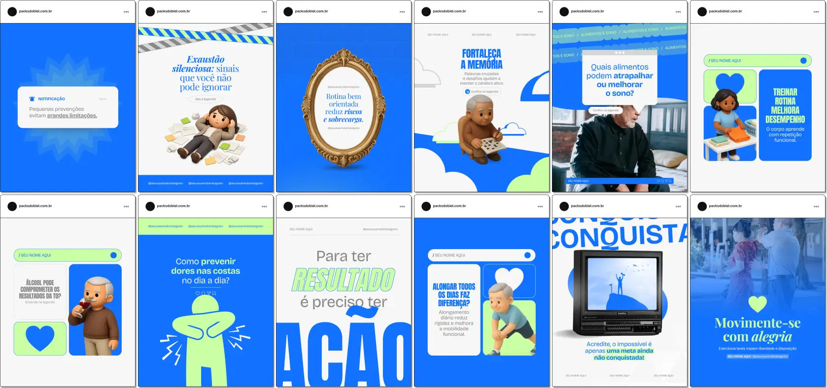 Pack de posts editáveis no Canva para terapeutas ocupacionais, ideal para profissionais que produzem conteúdo sobre reabilitação, desenvolvimento de habilidades, autonomia funcional e promoção da qualidade de vida, mantendo um feed organizado e confiável.
