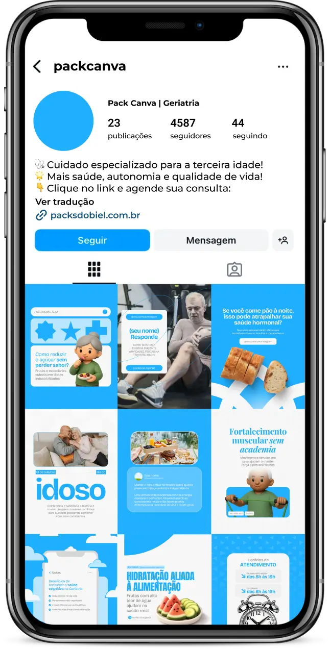 Pack de templates editáveis no Canva para profissionais de saúde do idoso, focado em qualidade de vida, prevenção de quedas, acompanhamento médico, suporte familiar e hábitos saudáveis, fortalecendo autoridade e engajamento no Instagram.