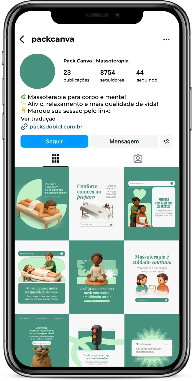 Pack de massoterapia com posts prontos para Instagram de massagem relaxante e terapêutica