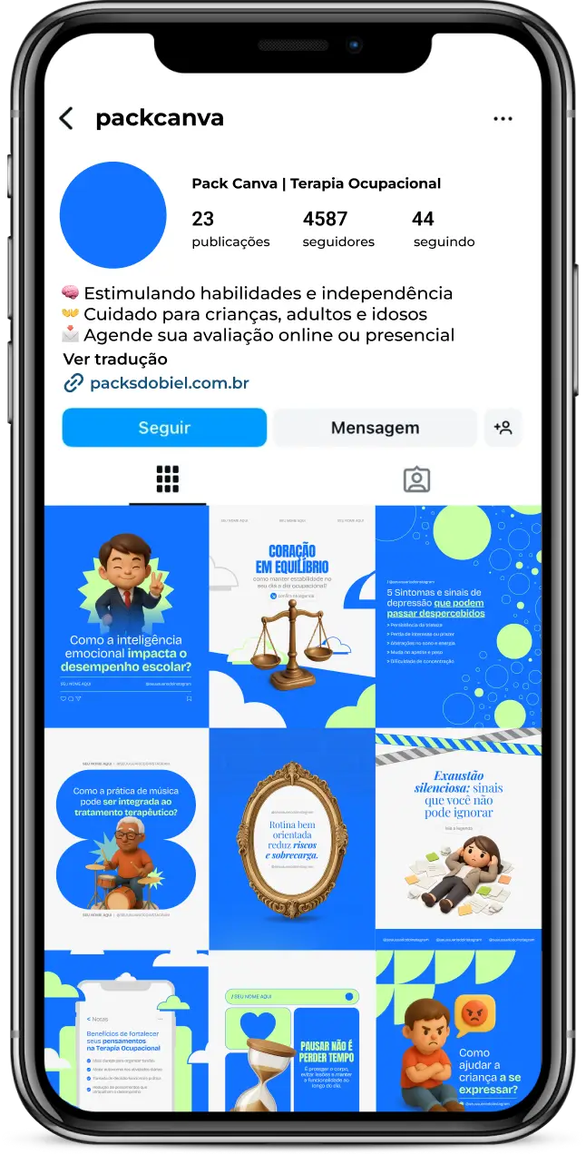 Pack de posts editáveis no Canva para terapeutas ocupacionais que atuam na promoção da autonomia, reabilitação funcional e desenvolvimento de habilidades, ideal para criar conteúdos educativos sobre atividades da vida diária, inclusão, saúde mental e qualidade de vida, com visual profissional no Instagram.