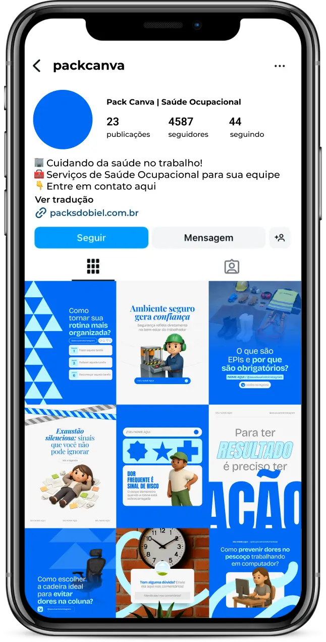 Pack de posts editáveis no Canva para profissionais de saúde ocupacional que produzem conteúdo sobre medicina do trabalho, ergonomia, exames admissionais e periódicos, prevenção de afastamentos e promoção da saúde do trabalhador, com feed organizado e comunicação profissional.
