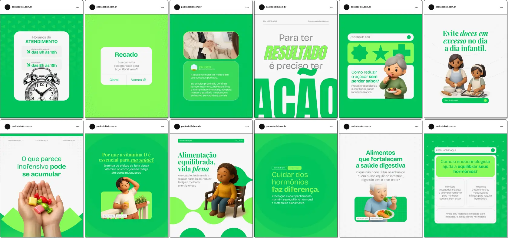 Pack de posts editáveis no Canva para endocrinologistas que desejam criar conteúdo sobre metabolismo, hormônios, diabetes, tireoide, obesidade e saúde metabólica, mantendo um feed organizado e profissional.