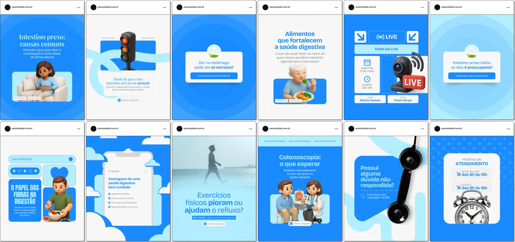 Pack de posts editáveis no Canva para profissionais de gastroenterologia que produzem conteúdo sobre alimentação, intolerâncias alimentares, saúde intestinal e bem-estar digestivo, mantendo um feed consistente e confiável.