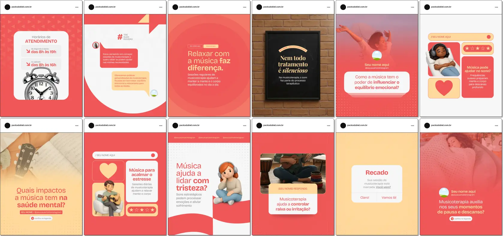 Pack de posts editáveis no Canva para musicoterapeutas que desejam criar conteúdo sobre terapia musical, desenvolvimento emocional, estímulo cognitivo, atenção, memória e bem-estar, mantendo um feed organizado e profissional.