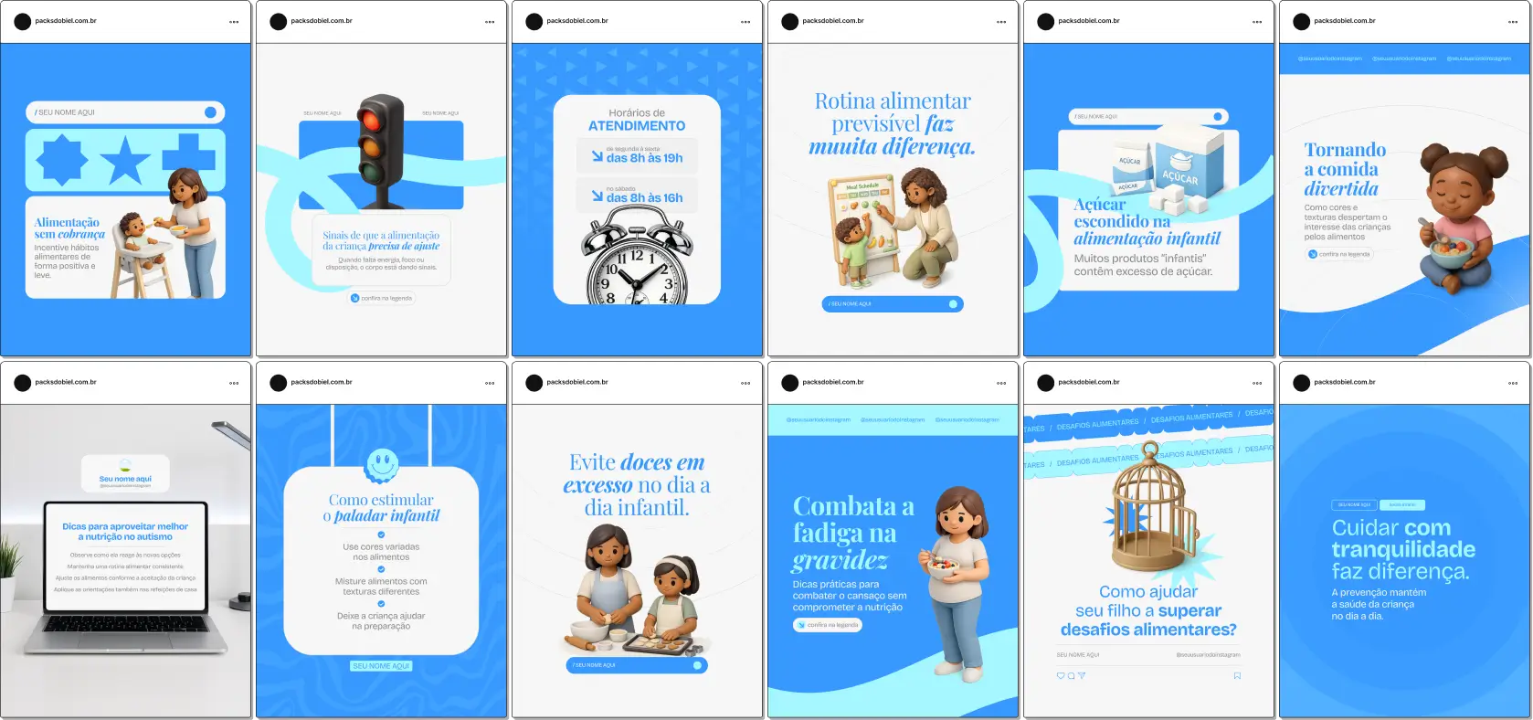 Pack de posts editáveis no Canva para nutricionistas infantis que desejam criar conteúdo sobre alimentação saudável na infância, introdução alimentar, cardápio infantil, nutrientes essenciais e hábitos alimentares, mantendo um feed organizado e educativo.