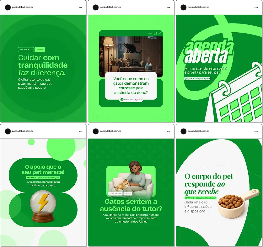 Pack de templates editáveis no Canva para cuidadores de gatos que desejam divulgar serviços de cat sitting, cuidados personalizados, visitas diárias, atenção individual e segurança dos pets no Instagram.