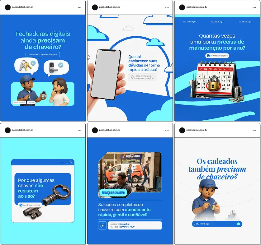 Pack de posts editáveis chaveiro com foco em abertura de portas e soluções para fechaduras e chaves