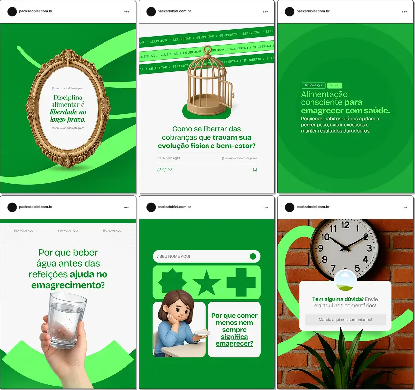 Pack de artes editáveis no Canva para nutricionistas que produzem conteúdo sobre emagrecimento consciente, nutrição comportamental, controle de peso, saúde metabólica e bem-estar, fortalecendo autoridade nas redes sociais.