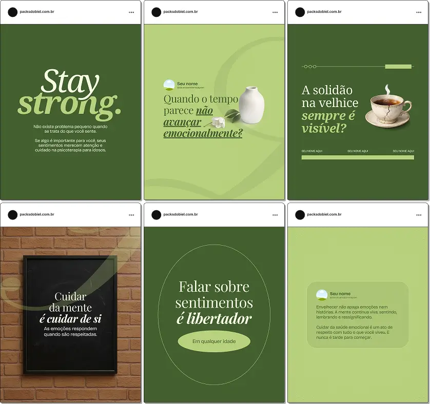 Pack de templates editáveis no Canva para profissionais de psicoterapia voltada ao idoso, ideal para criar conteúdos sobre ansiedade na terceira idade, depressão, adaptação ao envelhecimento e fortalecimento emocional.