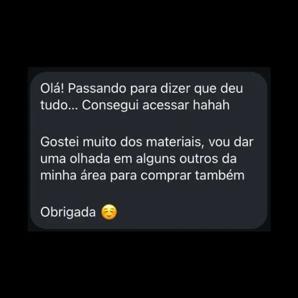 Feedback positivo de cliente elogiando a qualidade dos materiais do Pack Canva e demonstrando interesse em adquirir novos conteúdos nichados do site.