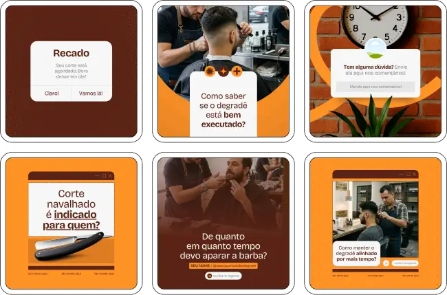 Posts para barbearia com pack de conteúdo editável no Canva para Instagram de barbeiro