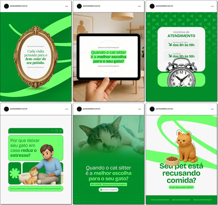 Pack de posts editáveis no Canva para cat sitter profissional que oferece cuidados domiciliares para gatos, ideal para criar conteúdos sobre bem-estar felino, rotina, alimentação, higiene e acompanhamento durante viagens, com feed organizado e confiável.