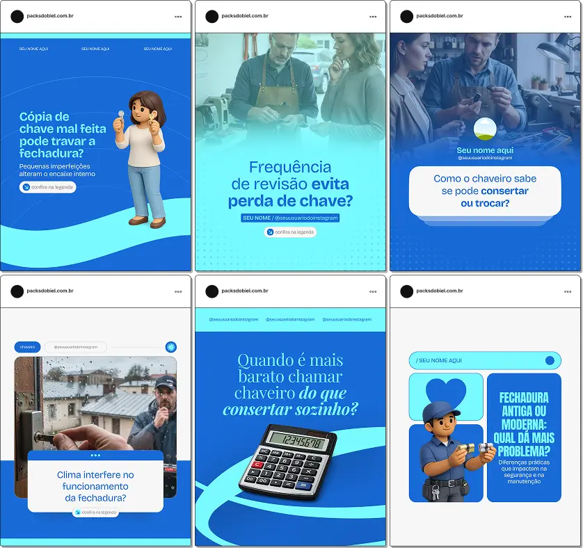 Social media chaveiro com pack de posts para Instagram de serviços de chaveiro e segurança residencial