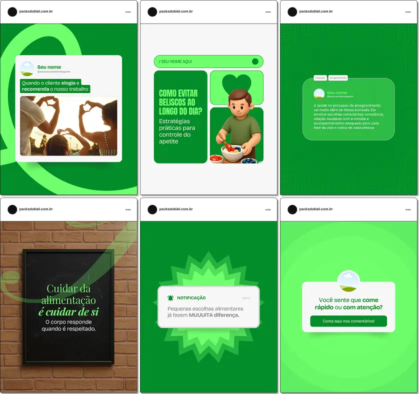 Pack de posts editáveis no Canva voltado para nutrição e emagrecimento, ideal para compartilhar dicas sobre alimentação saudável, redução de gordura corporal, rotina alimentar e escolhas inteligentes no dia a dia.