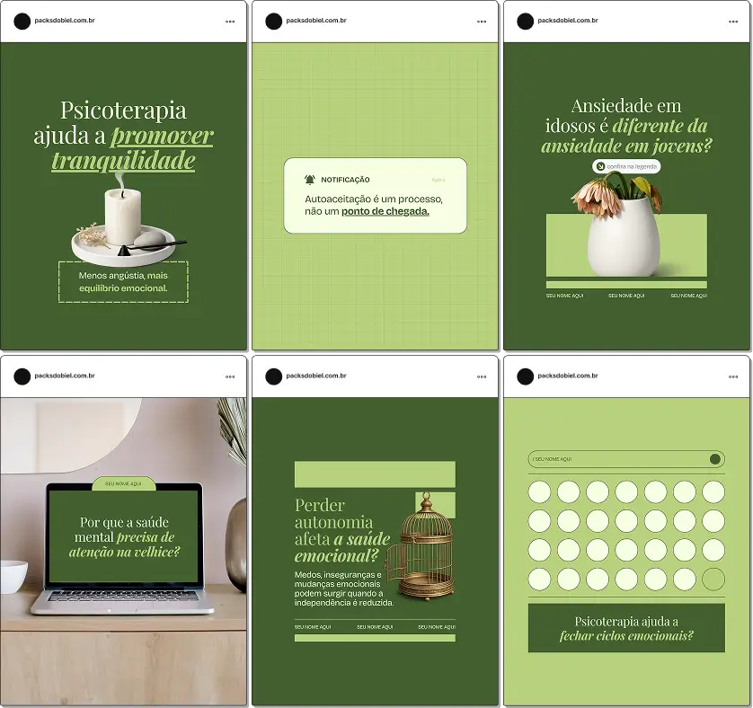 Pack de artes editáveis no Canva para psicoterapeutas que trabalham com idosos e produzem conteúdo sobre suporte emocional, luto, autoestima, vínculos familiares e saúde mental no envelhecimento.
