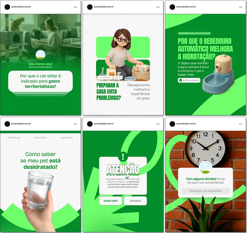 Pack de artes editáveis no Canva voltado para cat sitter que produz conteúdo sobre cuidados com gatos, comportamento felino, adaptação à ausência do tutor, manejo do estresse e qualidade de vida animal.
